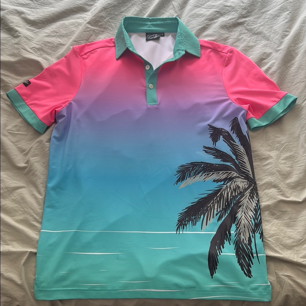 Pink and Blue Gradient Polo Shirt with Tropical Design
